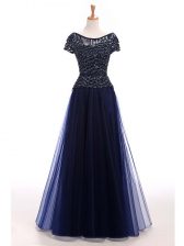 Perfect Navy Blue A-line Scoop Short Sleeves Tulle Floor Length Lace Up Beading Prom Gown