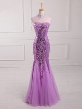  Tulle and Sequined Halter Top Sleeveless Lace Up Beading and Sequins Evening Dress in Lilac