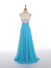 Trendy Sleeveless Chiffon Floor Length Side Zipper Homecoming Dress in Baby Blue with Lace and Appliques