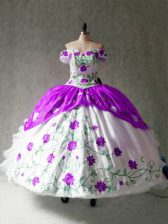 Stunning White And Purple Cap Sleeves Organza and Taffeta Lace Up Sweet 16 Dresses for Military Ball and Sweet 16 and Quinceanera