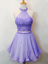 Dramatic Lavender Two Pieces Halter Top Sleeveless Organza Knee Length Lace Up Beading Dama Dress for Quinceanera