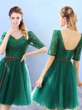 Wonderful Half Sleeves Tulle Knee Length Backless Damas Dress in Green with Lace