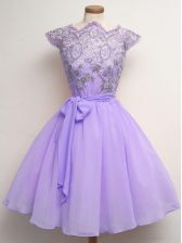 Fashion Knee Length Lavender Court Dresses for Sweet 16 Scalloped Cap Sleeves Lace Up