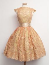 Charming Gold Dama Dress for Quinceanera Prom and Party and Wedding Party with Belt High-neck Cap Sleeves Lace Up
