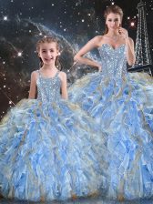  Light Blue Sleeveless Floor Length Beading and Ruffles Lace Up Quinceanera Dresses