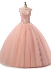  Peach Ball Gowns Tulle Scoop Sleeveless Beading and Lace Floor Length Lace Up Sweet 16 Quinceanera Dress
