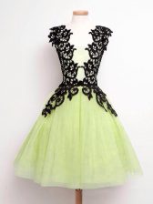  Straps Sleeveless Court Dresses for Sweet 16 Knee Length Lace Yellow Green Tulle