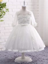  White Lace Zipper Pageant Gowns For Girls Short Sleeves Tea Length Lace and Appliques