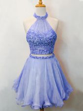 Lovely Halter Top Sleeveless Quinceanera Court of Honor Dress Knee Length Beading Lavender Organza