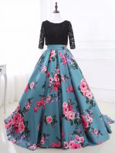 Trendy Multi-color Printed Backless Scoop Long Sleeves Brush Train Lace and Appliques