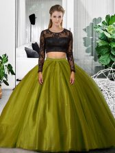 Fashion Olive Green Scoop Neckline Lace and Ruching Quince Ball Gowns Long Sleeves Backless