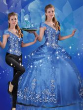 Flirting Blue Cap Sleeves Floor Length Beading and Embroidery Lace Up Quince Ball Gowns