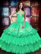  Floor Length Lace Up Quinceanera Gowns Turquoise for Military Ball and Sweet 16 and Quinceanera with Embroidery and Ruffled Layers