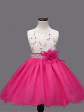  Hot Pink Organza Zipper Little Girls Pageant Dress Wholesale Sleeveless Knee Length Appliques and Hand Made Flower