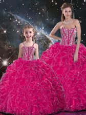 Stunning Hot Pink Ball Gowns Sweetheart Sleeveless Organza Floor Length Lace Up Beading and Ruffles Quinceanera Dresses