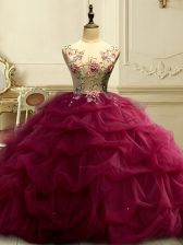 Burgundy Sleeveless Floor Length Appliques and Ruffles and Sequins Lace Up 15th Birthday Dress