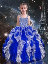  Organza Straps Sleeveless Lace Up Beading and Ruffles Little Girl Pageant Gowns in Blue