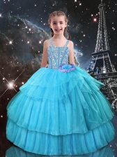  Sleeveless Organza Floor Length Lace Up Little Girls Pageant Gowns in Aqua Blue with Beading and Ruffled Layers