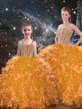 High Class Floor Length Lace Up Vestidos de Quinceanera Orange for Military Ball and Sweet 16 and Quinceanera with Beading and Ruffles