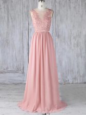  Pink Chiffon Backless Quinceanera Court Dresses Sleeveless Sweep Train Appliques