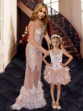Adorable With Train Zipper Prom Dresses Pink for Prom and Party with Beading and Ruffles and Sequins Brush Train