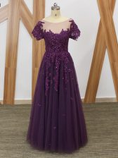 Amazing Lace and Appliques Prom Evening Gown Purple Zipper Short Sleeves Floor Length
