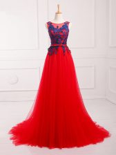 Vintage Sleeveless Lace and Appliques Lace Up Prom Gown with Red Brush Train
