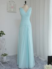 Custom Fit Aqua Blue Quinceanera Court of Honor Dress Prom and Party with Ruching V-neck Sleeveless Zipper