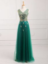 Fantastic Sleeveless Tulle Floor Length Zipper Prom Dresses in Dark Green with Lace