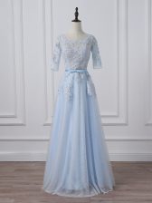 Simple Light Blue 3 4 Length Sleeve Silk Like Satin Lace Up Prom Evening Gown for Prom and Party and Sweet 16