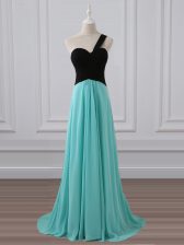  Aqua Blue Quinceanera Court Dresses Prom and Party and Wedding Party with Ruching One Shoulder Sleeveless Brush Train Zipper