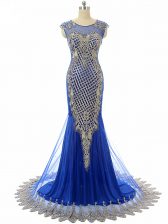  Side Zipper Prom Evening Gown Royal Blue for Prom and Party and Military Ball and Sweet 16 with Beading and Lace and Appliques