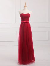 Comfortable Wine Red Tulle and Lace Lace Up Dama Dress for Quinceanera Sleeveless Floor Length Belt