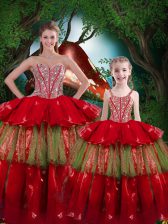 Edgy Wine Red Ball Gowns Sweetheart Sleeveless Organza Floor Length Lace Up Beading and Ruffled Layers Sweet 16 Quinceanera Dress