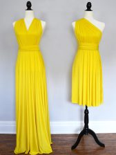 Modest Yellow Halter Top Lace Up Ruching Quinceanera Court of Honor Dress Sleeveless