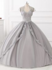 Fashionable Floor Length Ball Gowns Sleeveless Grey Quinceanera Gown Lace Up