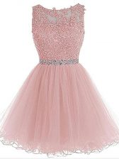 High Quality A-line Prom Dresses Pink Scoop Organza Sleeveless Mini Length Zipper