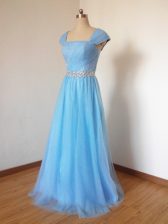  Floor Length Zipper Quinceanera Court of Honor Dress Baby Blue for Prom and Party and Wedding Party with Beading