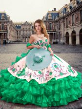 Hot Sale Organza and Taffeta Sweetheart Sleeveless Lace Up Embroidery and Ruffled Layers Ball Gown Prom Dress in Green