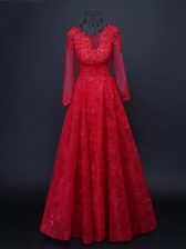  Red Tulle Lace Up Homecoming Dress Long Sleeves Floor Length Lace and Appliques