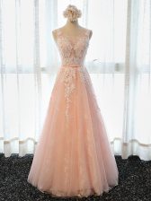 Latest Peach Tulle Lace Up Prom Evening Gown Sleeveless Floor Length Appliques