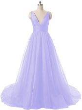  Lavender Backless V-neck Ruching Dress for Prom Organza Sleeveless Brush Train