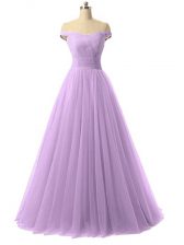 Ideal Ruching Lavender Lace Up Sleeveless Floor Length