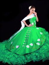 Comfortable Green Sleeveless Organza Brush Train Lace Up Quinceanera Gowns for Military Ball and Sweet 16 and Quinceanera