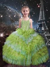  Floor Length Yellow Green Little Girl Pageant Gowns Organza Sleeveless Beading and Ruffled Layers