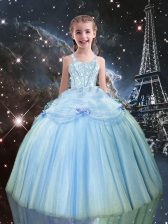 Fashion Floor Length Light Blue Child Pageant Dress Tulle Sleeveless Beading