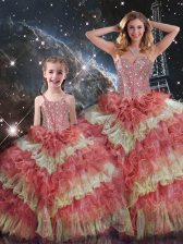 Eye-catching Sleeveless Lace Up Floor Length Beading and Ruffled Layers and Sequins Sweet 16 Quinceanera Dress