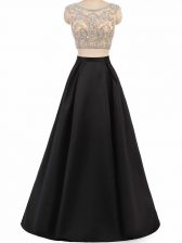 Unique Black Sleeveless Floor Length Beading Zipper Prom Dresses