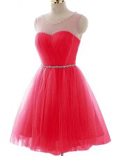 Coral Red Sleeveless Tulle Lace Up Evening Dress for Prom and Party and Sweet 16