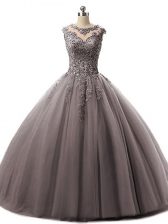 Custom Designed Brown Ball Gowns Beading and Lace Sweet 16 Quinceanera Dress Lace Up Tulle Sleeveless Floor Length